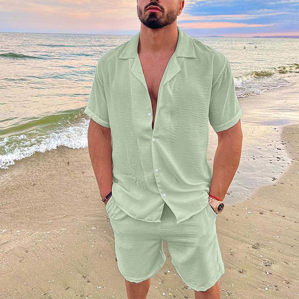 

men's tracksuits summer casual loose two piece sets beach solid cotton linen man suit short sleeve button shirt and shorts office outfi, Gray