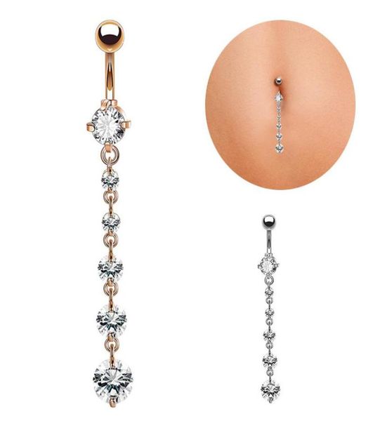 

fashion stainless steel zircon long dangle round rhinestone navel belly ring button bar barbell rings piercing reverse jewelry7251761, Silver