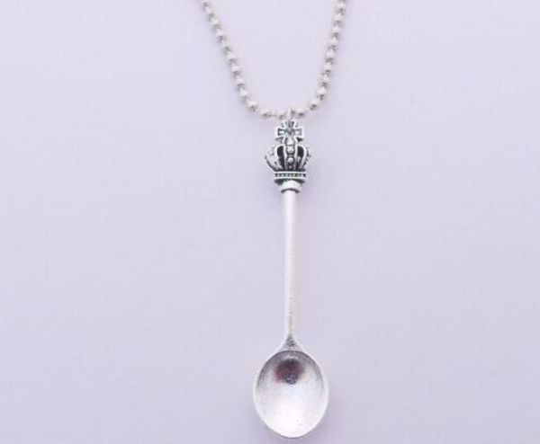 

fashion 10pcslot tibetan silver vintage style alice wonderland crown inspired mini tea spoon snuff ball chain necklace diy5648622