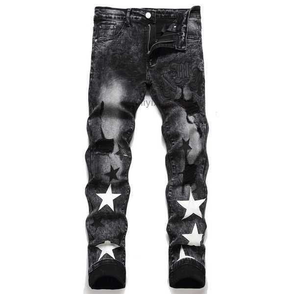 

ami mens jeans designer pant slim fit elastic embroidery fashion jean style cat whisker whitening men's broken hole same 7 14mj, Blue