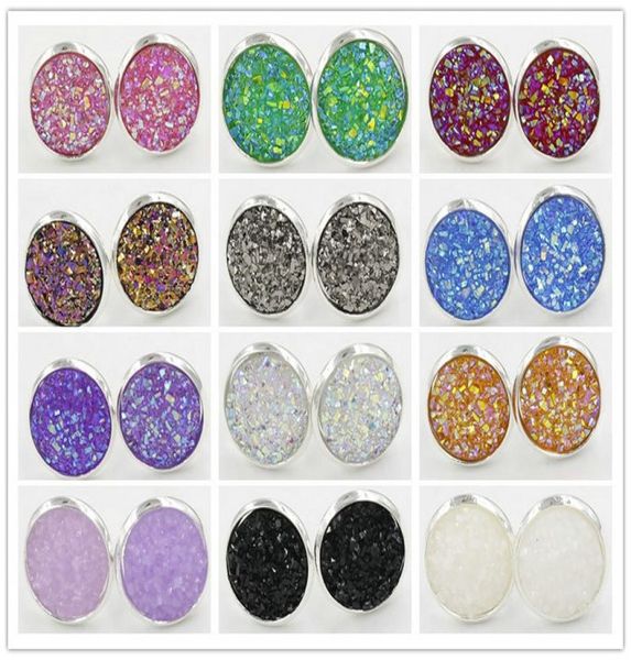 

12mm womens resin druzy crystals gem 925 silver plated color stud bling earrings jewelry gift5907579, Golden;silver
