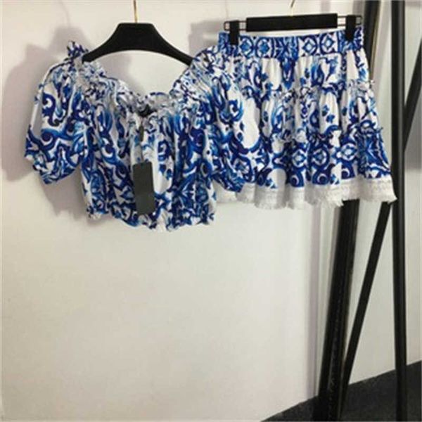 

designer women two piece dresses retro floral print short-sleeved short high waist short half skirt 2 piece sets luxury womens clothing summ, White