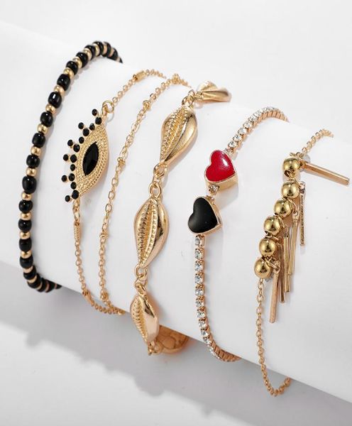 

summer 5pcsset fashion gold shell tassel anklet women layered hearts eye pendant anklet bracelet on leg jewelry6195868, Red;blue