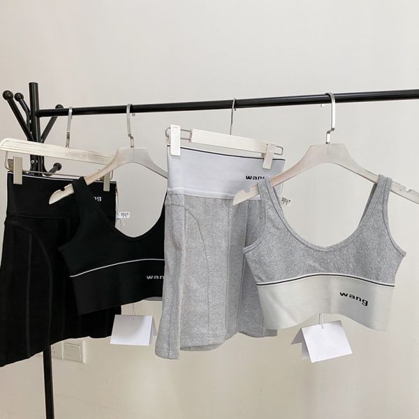 

new fashion girls overskirt tracksuits ribbon yoga vest super elasticity tank skirt classic letter women suit set sml, Gray