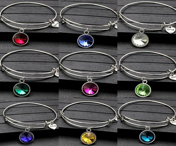 

12colors birthday stone crystal pendant bracelet alloy rhinestone push pull round hand ring heart love charm adjustable women jewe6658415, Golden;silver