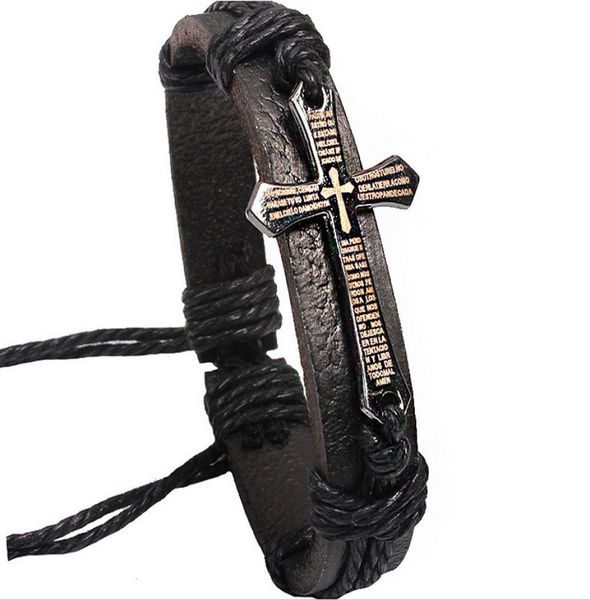 

new religion cross leather braided braceletinspirational words on center casting2230660, Golden;silver
