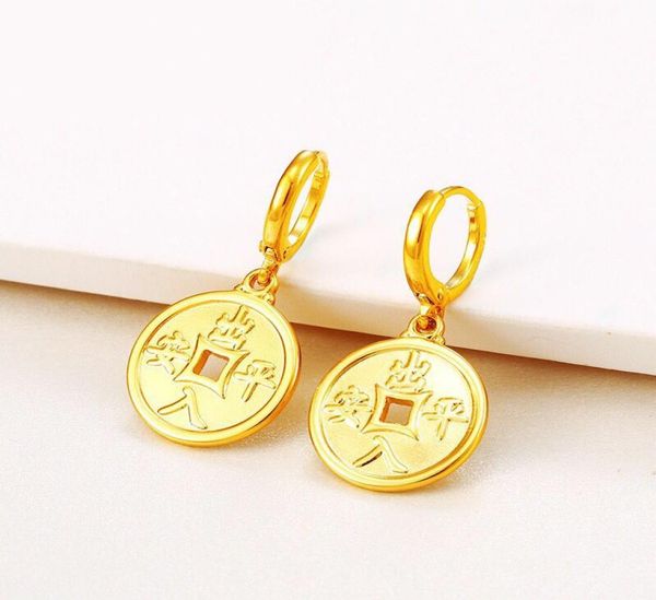 

603e chinese coins lucky jewelry drop earrings for women 24k pure gold color no stone good triditional chinese word4706257, Silver