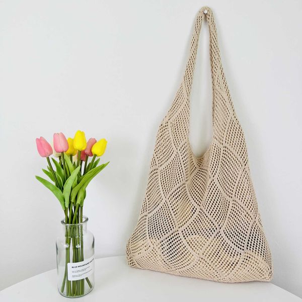 

new bag japanese and tote bag solid color bag knitted bag hollow bag woven bag women's bag trend