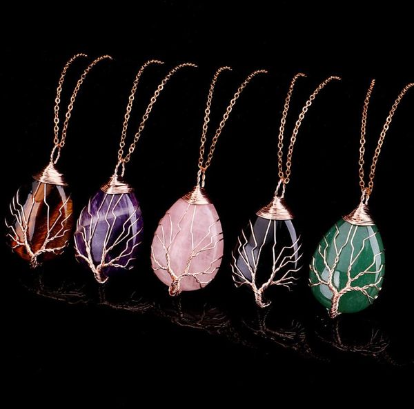 

tree life wire necklace pendants wire wrap charms natural healing stone crystal quartz necklaces with gold link chain for women je1350404, Silver
