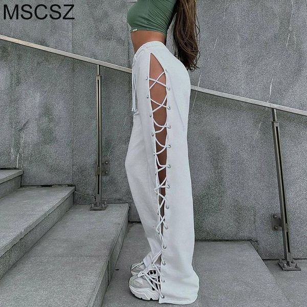 

womens pants capris side slit parachute high waist criss cross bandage baggy woman summer casual y2k black oversize 230707, Black;white