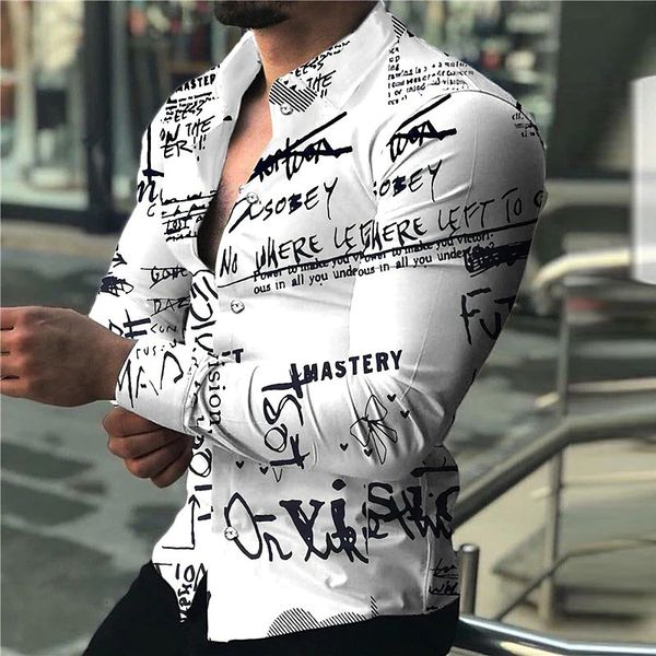 

men's dress shirts spaper text art fashion luxury party evening shirt lapel button down casual print long sleeve men sweater 230707, White;black