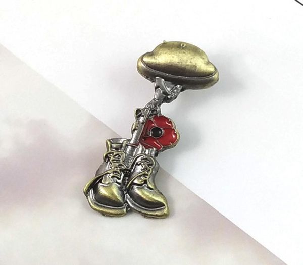 

helmet rifle boots and red poppy flower lapel pins badges bronze vintage remembrance day armistice day brooch stay away from war j2409390, Gray
