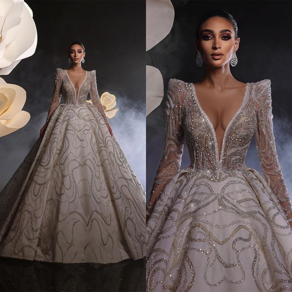 

gorgeous sequins ball gown wedding dresses deep v neck appliques lace robe de mariee custom made long sleeves sweep train bride, White