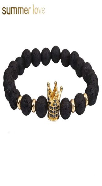 

arrival 8mm lava stone beads bracelet for women men copper crown zircon inlayed healing bracelet elastic fashion jewelry gift7460439, Black