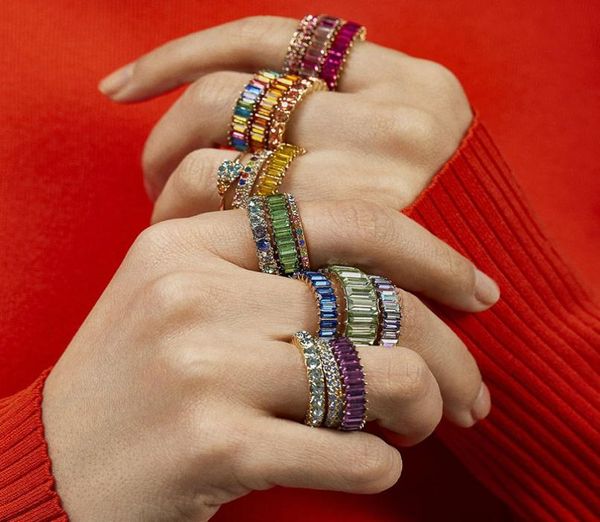 

colorful cz eternity band ring thin skinny engagement wedding birthstone rainbow color classic simple round circle finger rings wh5909634, Slivery;golden