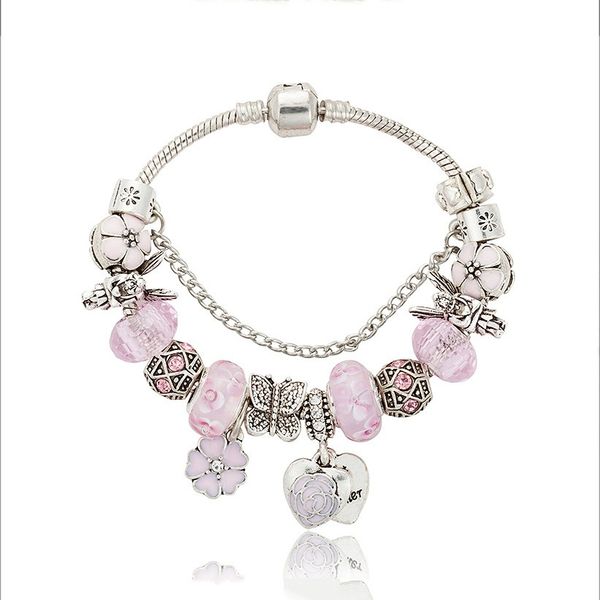 

fashion 925 sterling silver pink murano lampwork glass & european charm beads five petals flower rose heart dangle fits pandora charm bracel, Golden;silver