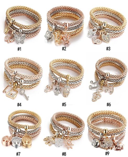 

3pcsset crystal owl crown heart bracelets rhinestone elephant skull music notes butterfly key lock tree of life charm bangle jewe6748019, Golden;silver