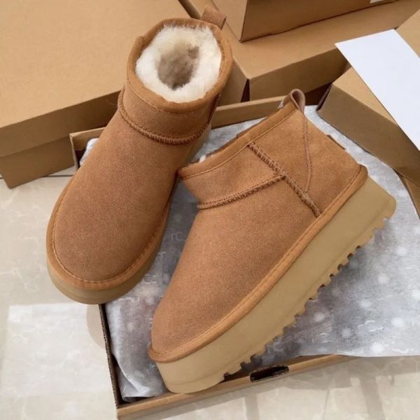 

Designer Mini Platform Boot Woman Winter Ankle Australia Snow Boots Thick Bottom Real Leather Warm Fluffy Booties With Fur size 35-43, Chestnut