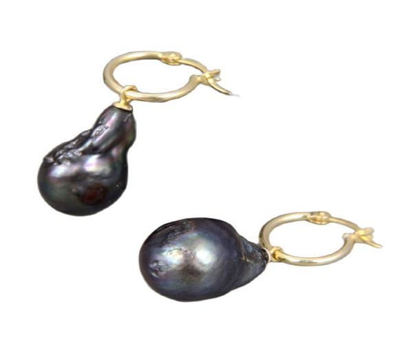 

guaiguai jewelry 18mm natural black keshi baroque freshwater pearl earrings gold color plated hook classic for women fashion jewel4217880, Silver