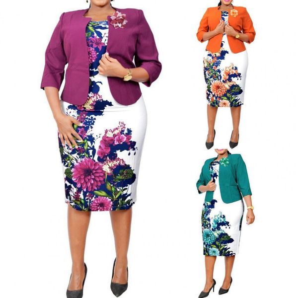 

sweaters african clothes oneck intellectual women dress coat set two piece set solid color blazer floral print dress outwear, White;black