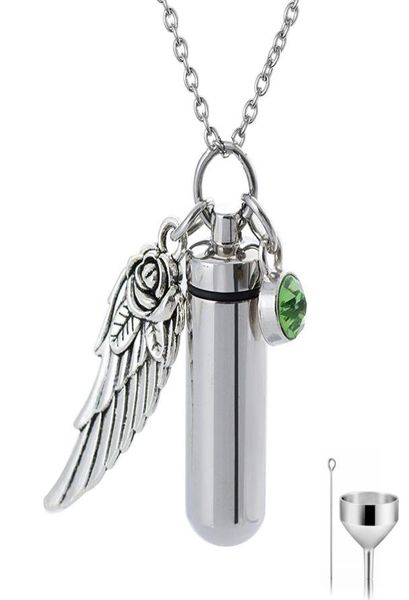 

angel wing memorial urn necklace cylinder cremation keepsake pendant birthstone crystal stainless steel for funeral ash locket5307259, Silver