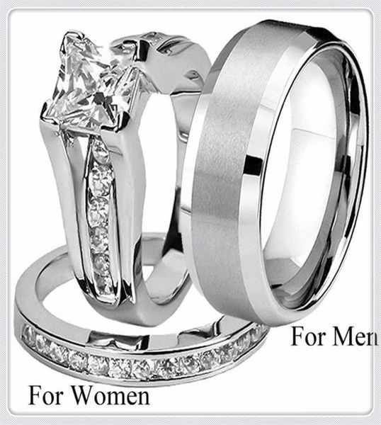 

his and hers fashion 316l stainless steel titanium princess engagement wedding band ring jewelry set cne fast 1403019, Golden;silver