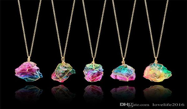

new irregular natural stone necklace rainbow color turuoise crystal necklaces agate slice pendant gold plated chain fashion jewelr4847998, Silver