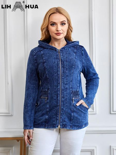 

sweaters lih hua women's plus size hooded denim jacket autumn chic elegant jacket for chubby women cotton knitting jacket, White;black