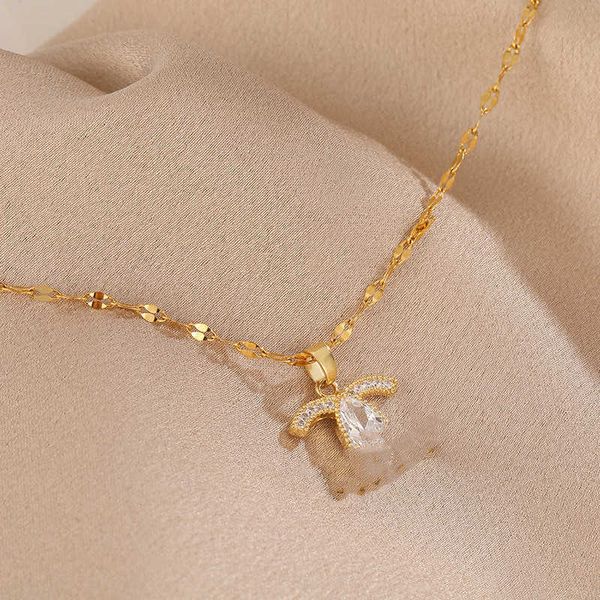 

steel double-c small fragrant wind inlaid diamond necklace women's 18k gold plated net red collar, Silver