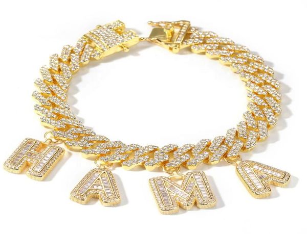 

custom miami cuban link with baguette letters rhinestone tennis bracelet punk hip hop bling jewelry9336726, Golden;silver