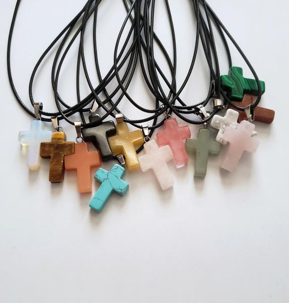 

whole 24pcslot mixed fashion jewelry natural stones pendants powder crystal cross pendant leather chains charms necklace 5981214, Silver