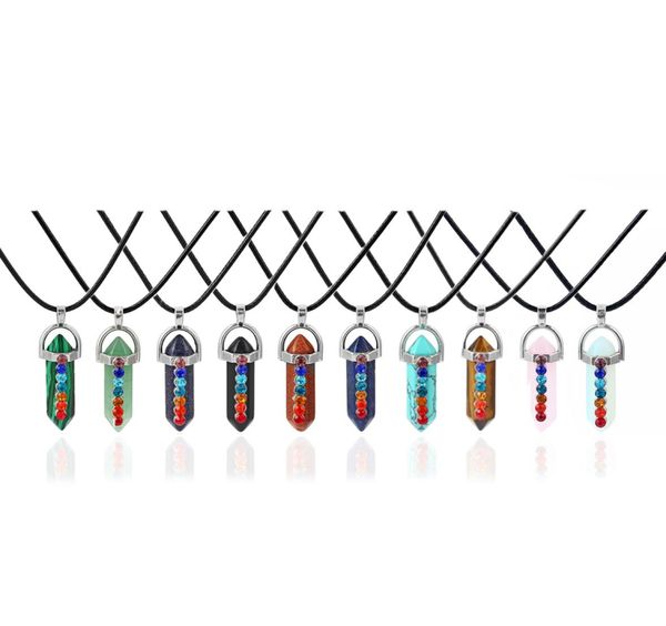 

hexagonal prism crystal pink quartz natural stone pendant 7 chakra necklace with 50cm stainless steel chain4106311, Silver