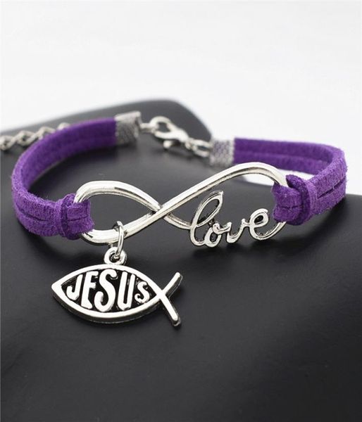 

original silver alloy infinity love jesus cross fish pendant bracelet with purple leather suede rope charm bangle for women men di4662843, Golden;silver