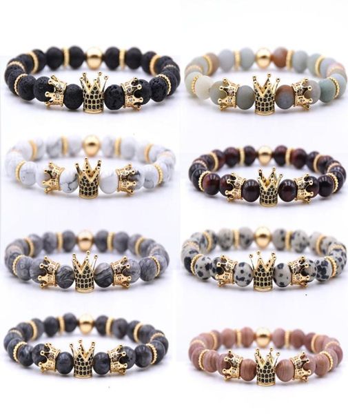 

8mm elastic crown natural stone bracelet volcanic rock bracelets inlaid zircon handmade yoga beaded energy bangle jewelry g4054802, Black