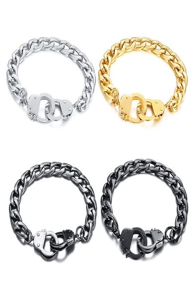 

stainless steel mens personalized handcuffs design charm bracelets for boys titanium steel cuban link chains wrap bangle fashion j2610026, Golden;silver