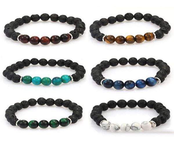 

6 designs lava rock beads charms bracelets natural essential oil diffuser elastic bracelet volcanic rock beaded hand strings men b6609665, Black