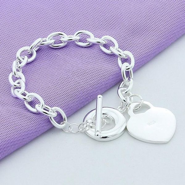 

925 stamped brand designer bracelets for women t o heart clasp sterling silver girls lady charms jewelry fashion link chain bangle1360965, Golden;silver