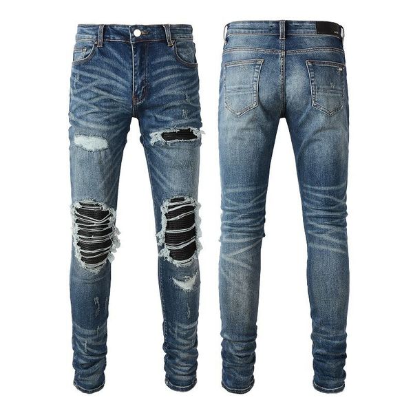 

mens jeans distressed motorcycle biker jean snake embroidery rock skinny slim ripped hole stripe fashionable embroidery denim pants #08, Blue