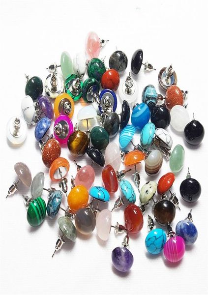 

trendy 10mm 12mm natural stone mix round beads stud earrings for women fashion cute small whole1007548, Golden;silver