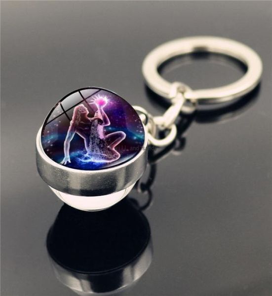 

12 zodiac sign glass cabochon ball keychain animal aries gemini star horoscope pendant doublesided key ring bag hangs fashion jew9846504, Slivery;golden