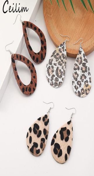

fashion leopard print leather earrings faux horse fur hollow out teardrop leather double side dangle earrings for women jewelry ac1116630, Golden