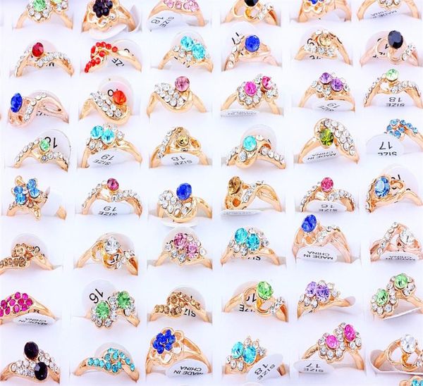 

whole lots mixed style 50pcs rings band colorful flower cz rhinestone golden ring wedding engagement gift fashion jewelry7040421, Silver