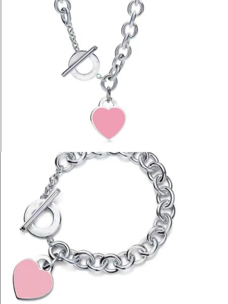 

new silver pink necklace chains link men's jewelry heart pendant necklaces for women bracelet set fashion jewlery designer gold womens