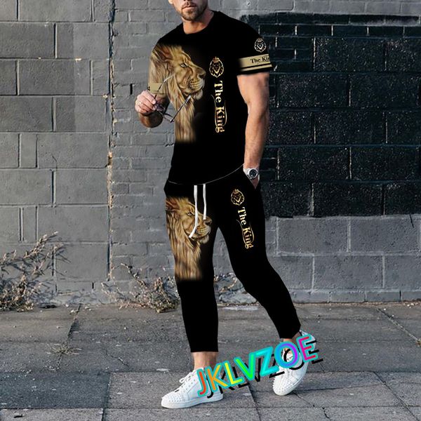 

men's tracksuits men's tracksuit short sleeve t shirt trousers 2 pieces outfits lion suit summer streetwear casual man clothing lo, Gray