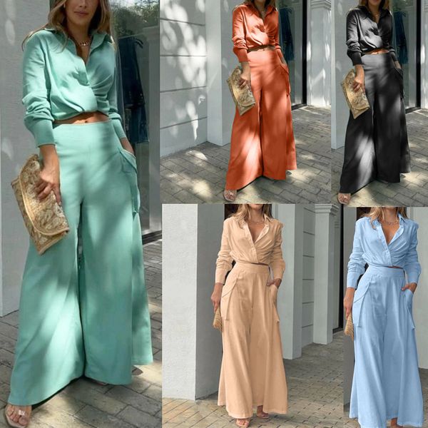 

women s two piece pants 2 set suits 2023 women shirt eleganttrousers set female long sleeve and wide leg straight streetwear 230707, White