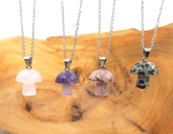 

mini mushroom natural stone carving pendant reiki healing crystals rose quartz necklace for women jewelry whole6506644, Silver