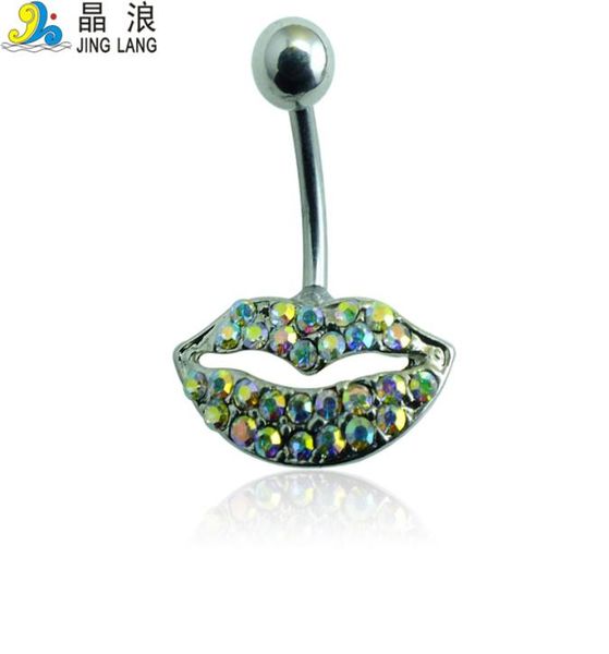 

new style diy fashion silver surgical steel colorful rhinestone lip shape belly button ring for women body piecing j2930127
