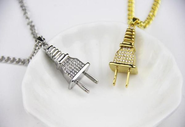 

iced out plug pendant necklace gold silver tone electrical plug shape mens womens necklaces charm rhinestone hip hop jewelry8017407