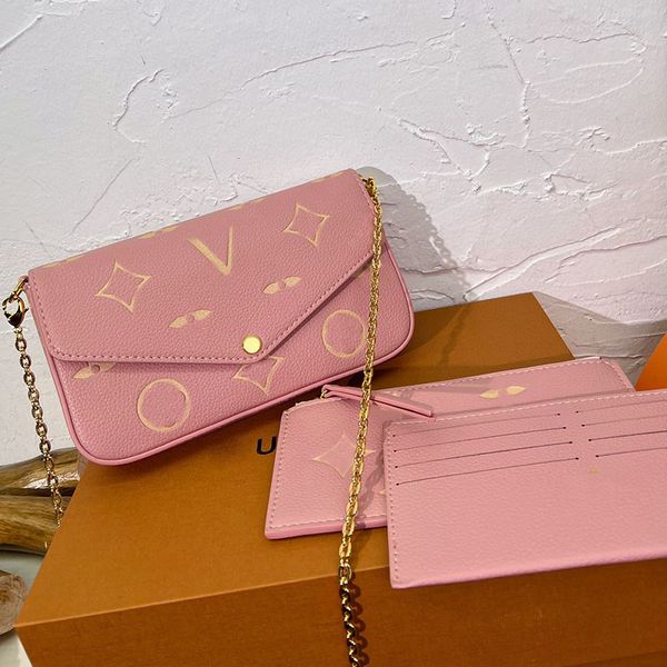 

3in1 lychee pattern two-tone women designer envelope bag embossed old flower gold buckle chain with coin purse card holders flap wallet cros