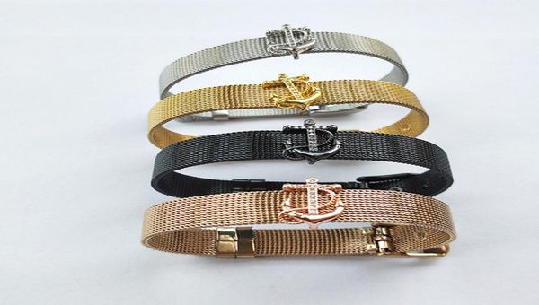 

stainless steel watch belt bangle clear cz micro pave ship anchor shape connector bracelet for xmas gifts bg2277457350, Black